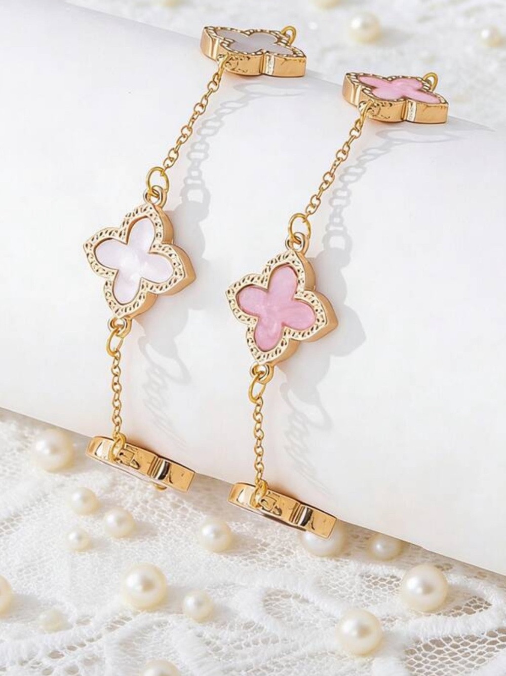 Chain bracelet love Gold clover pink white Link Bracelet 2pc new - Picture 2 of 2